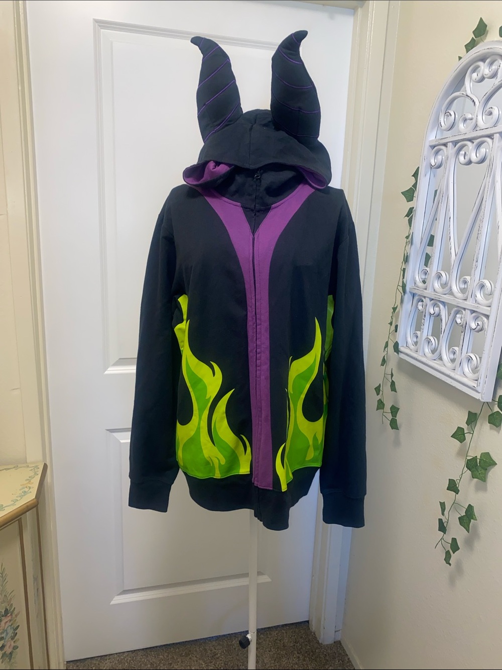 Disney Black Hoodie with Purple Trim and Neon Green Flame Accents